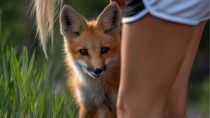 Obraz premium Curious fox peers from tall green grass