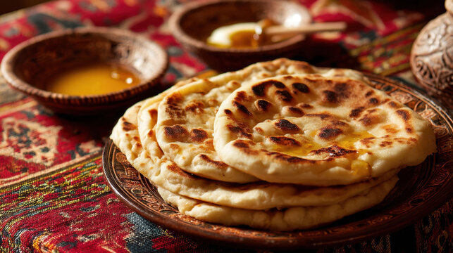 Traditional msemen flatbreads with honey, golden Moroccan pancakes on a decorative tablecloth, cozy village cuisine