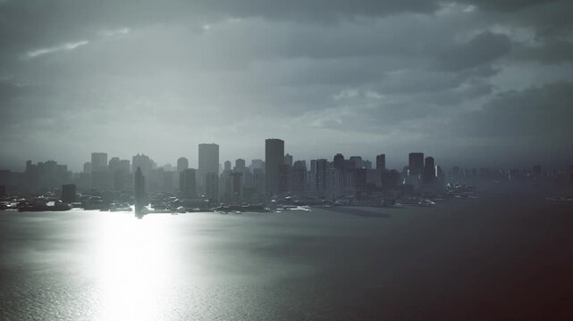 Honolulu skyline at dawn dramatic light reflecting across calm water with shimmering path, highrise silhouettes under heavy clouds, distant harbor boats