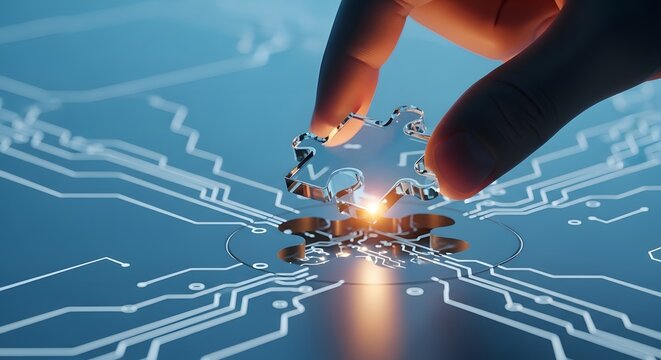 Digital circuit integration and technology problem solving. Innovation and hardware engineering. Hand placing a transparent puzzle piece into a glowing electronic motherboard socket