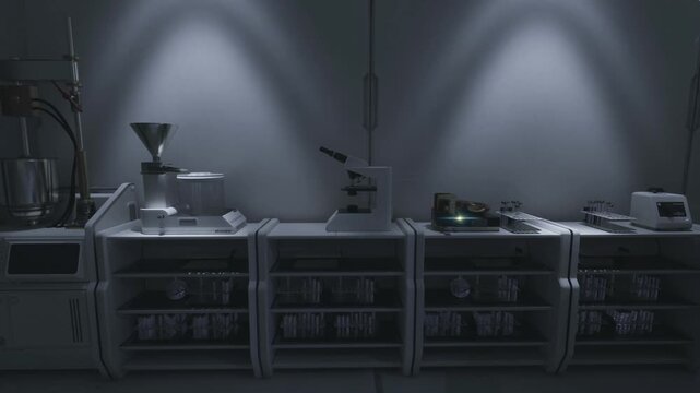 Dim laboratory bench with instruments, stainless metal counters, illuminated task lights, pipettes, vials, centrifuge, control panels, shadowed industrial