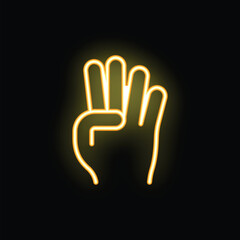 Yellow glowing neon line hand showing number three on a black background