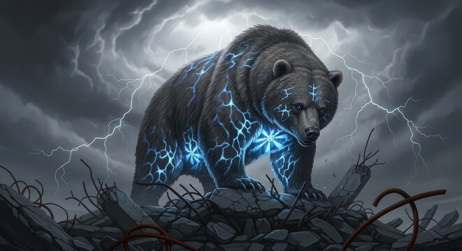 Mighty ursine creature crackles with intense blue electrical energy amidst a severe thunderstorm over ruins