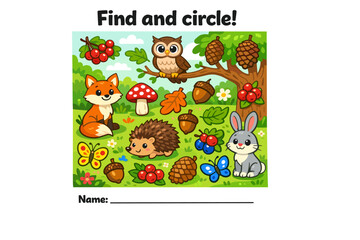 Colorful children's activity page with forest animals and objects  