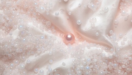 Fototapeta premium Close-up view of a smooth pearl nestled among iridescent beads on a soft, textured fabric with a blush tone, creating an elegant and luxurious ambiance