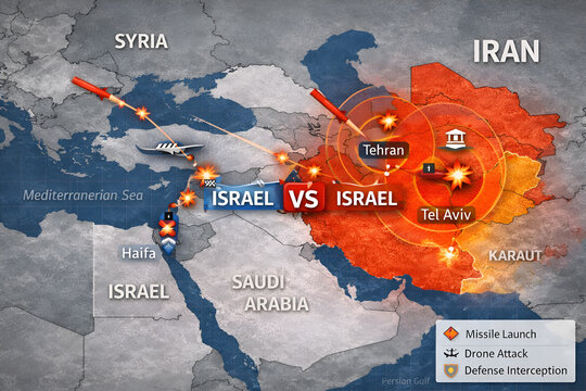 &ldquo;Iran Israel Conflict Map &ndash; Middle East Geopolitical Tension and Military Strike Route Illustration&rdquo;