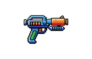 Naklejka premium Pixel art futuristic laser gun icon isolated on black background