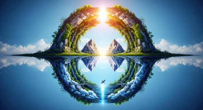 Two islands with lush green landscapes, mountains, and a sun shining through the clouds, creating a surreal and dreamlike scene.