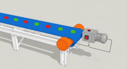 Obraz premium A blue and orange conveyor belt with green and red Lego blocks on it, moving in a circular motion, with a motor and control panel in the background.