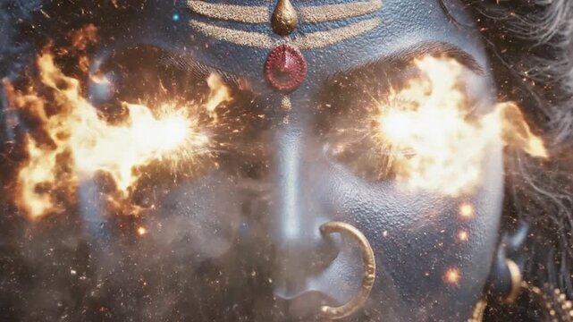 Kali blue goddess standing over ignorance symbolism with cosmic background and gold jewelry