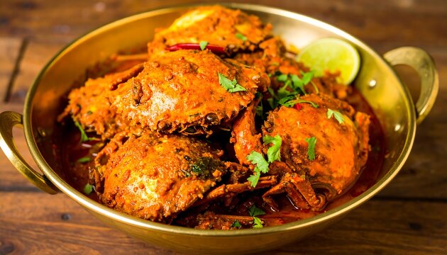 Golden bowl of spicy crab curry, with chunks of crab submerged in a vibrant red sauce, garnished with fresh herbs and a lime wedge