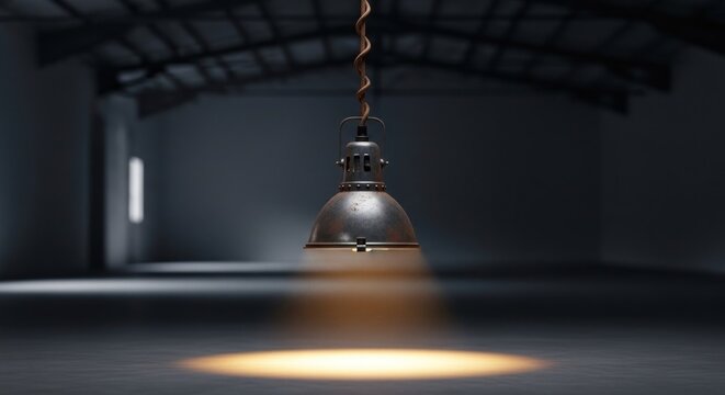 A solitary, rusty, industrial-style light fixture hangs from the ceiling of an empty warehouse, casting a warm, yellow glow in the dimly lit space.