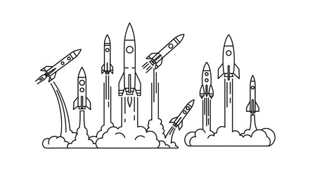 Collection of rockets launching into space with smoke trails.