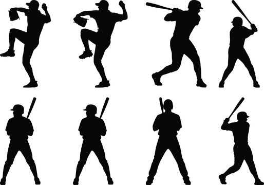 Eight distinct black silhouette graphics of baseball athletes in motion, illustrating pitching, batting, and throwing techniques on a white backdrop.