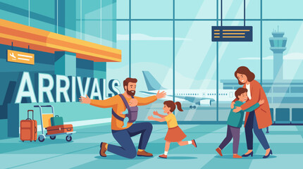 A joyful family reunion scene at an airport arrival area, capturing the happiness and affection shared between family members as they greet each other warmly. © Dachuan