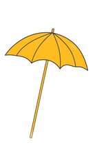 A simple, cartoon illustration of an open, yellow beach umbrella with a wooden-looking handle, set against a plain white background