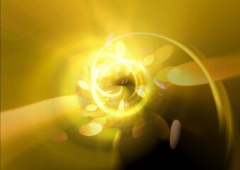 黒背景に渦巻く金色のネオン光の波線　テクノロジー・デジタル背景