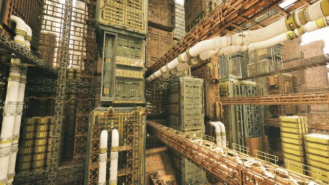 dense industrial junction with layered walkways and crossing conduits, service catwalks and support beams creating rhythm, gritty sunlight and complex shadows.