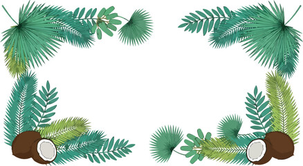 Tropical coconut and palm leaf border design with lush green foliage, perfect for summer and travel themes © dhorido studio