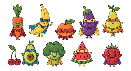 Fototapeta premium Colorful cartoon fruits and vegetables designed as superhero characters with capes and masks. Cute healthy food mascots perfect for kids education, stickers, posters, and healthy lifestyle campaigns.