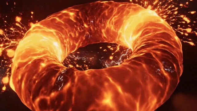Fiery abstract depiction of a blazing torus shape with vibrant energy radiating in dark space