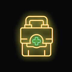 Neon first aid kit icon glowing on a black background, perfect for showcasing medical services or healthcare