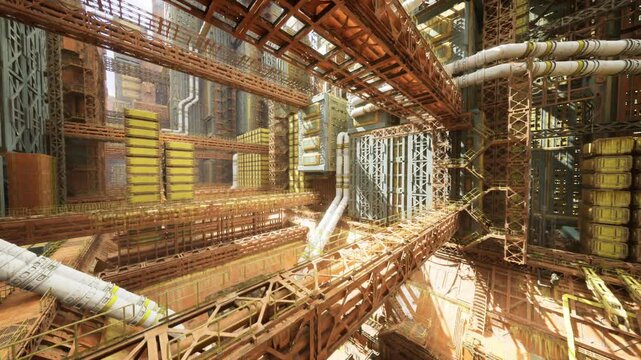 Urban core pipeline corridor with interlaced ducts and tanks, energy corridor atmosphere with warm highlights, dense lines and engineered complexity.