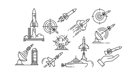 Collection of rocket and missile launch icons and symbols. © Holis