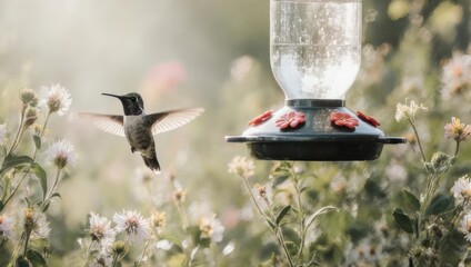 Fototapeta premium Hummingbird hovering near a feeder in a lush garden setting.