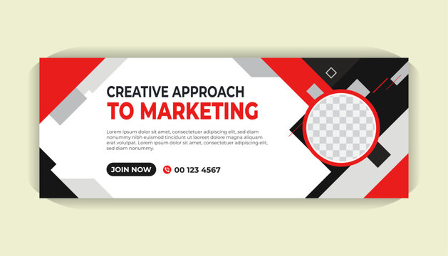 Professional Facebook cover banner design with sleek white background, vivid red shapes, modern layout and editable photo space