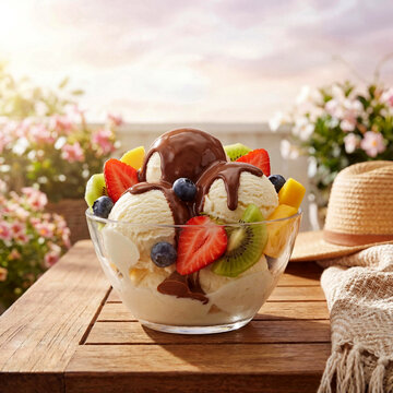 A Delightful Bowl of Vanilla Ice Cream with Fresh Mixed Fruits and Rich Chocolate Syrup, Presented Outdoors on a Sunny Table.