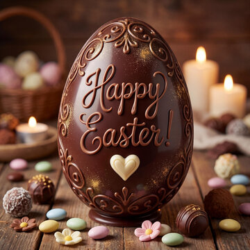 Ornate Dark Chocolate Easter Egg with 'Happy Easter' Inscription Surrounded by Colorful Candies and Glowing Candles