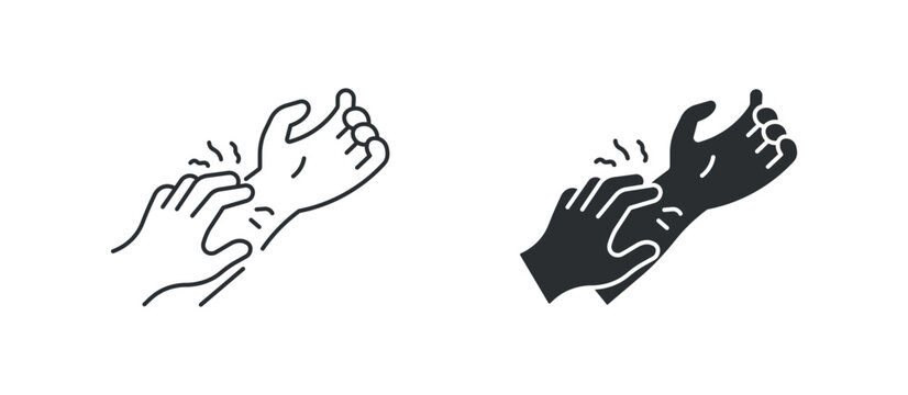 Hand itching skin irritation allergy symptom icon set, in outline and solid silhouette style. Vector illustration.