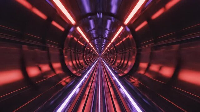 Futuristic tunnel with red and purple lights in a fast-paced journey through space