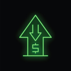 Green neon sign representing an arrow pointing down with a dollar sign inside, symbolizing economic downturn
