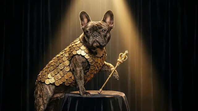 French Bulldog King Wearing Gold Coin Armor and Holding Scepter in Spotlight 4K