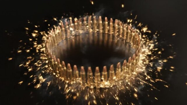 Circle of ammunition ignites with a spark ring on reflective surface in a dark room conceptual action shot
