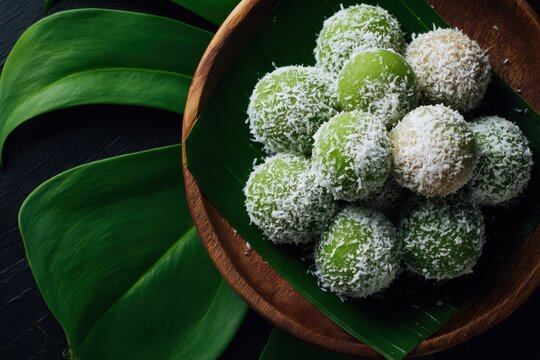Onde onde kueh dessert balls coated in shredded coconut served in a wooden bowl with banana leaves