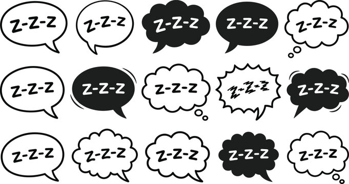 Collection of various black and white speech bubbles with zzz text