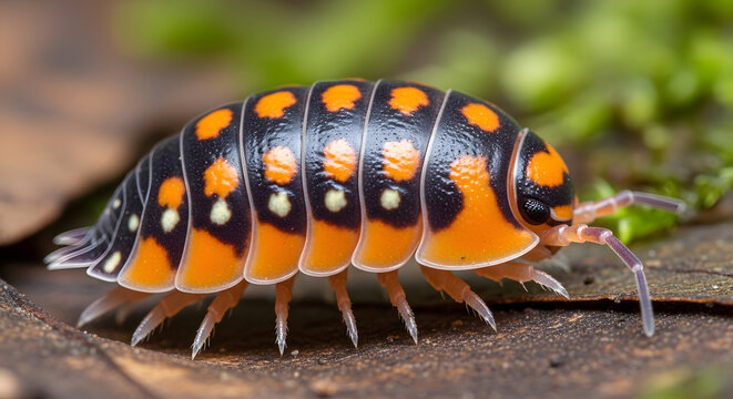 Vibrant orange and black millipede on forest floor