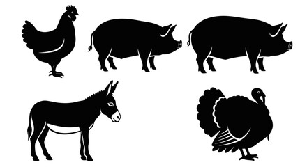 Farm Animals Silhouettes Set: Chicken, Pigs, Donkey, and Turkey Icons