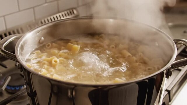 Boiling pasta ditalini in a large stainless steel pot on a gas stove in a home kitchen