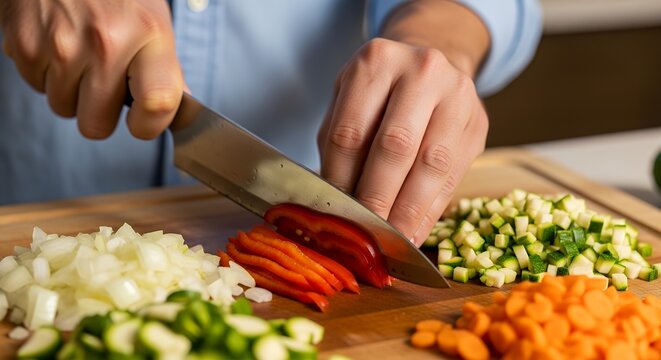 Person chopping various vegetables on a wooden board with a sharp knife in a kitchen environment close-up view