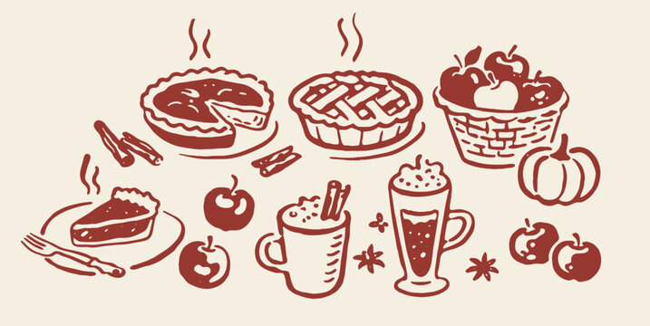 Apple pie autumn dessert set sketch vector illustration