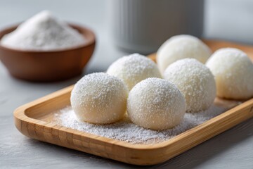Fototapeta premium Plump White Chocolate Coconut Truffles Dusted with Powdered Sugar on a Wooden Tray