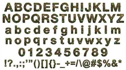 font alphabet in gearwork shadow shard neural network display style from a to z numbers punctuation isolated on white background