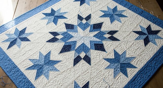 Handmade textile creation featuring blue and white geometric star patterns lies on wooden flooring.