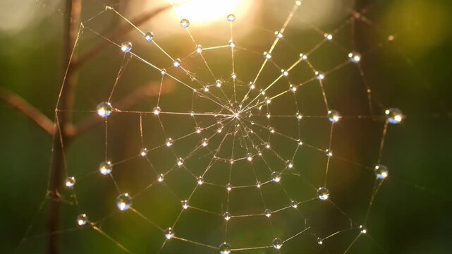 Delicate spider web glistening with morning dew drops against blurred greenery
