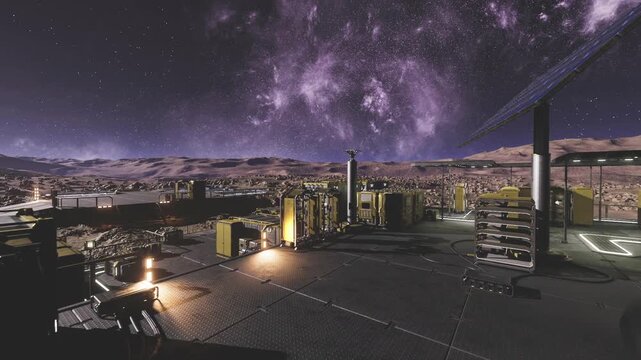 exterior research modules on rocky plain under starry sky, sample bays and instrument consoles, sensor clusters and cryo storage visible, quiet scientific