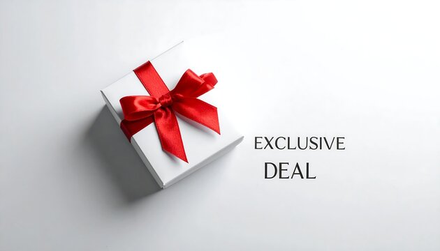 White gift box tied with red ribbon, casting soft shadows on a clean white surface with 'Exclusive Deal' text